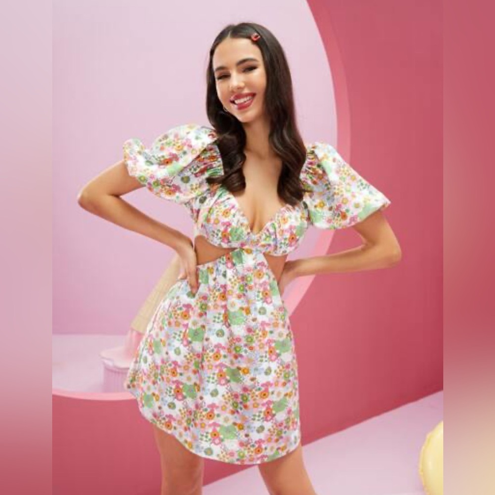 Alexandra floral Puff Sleeve Mini Dress Shein size XS cutout Sundress